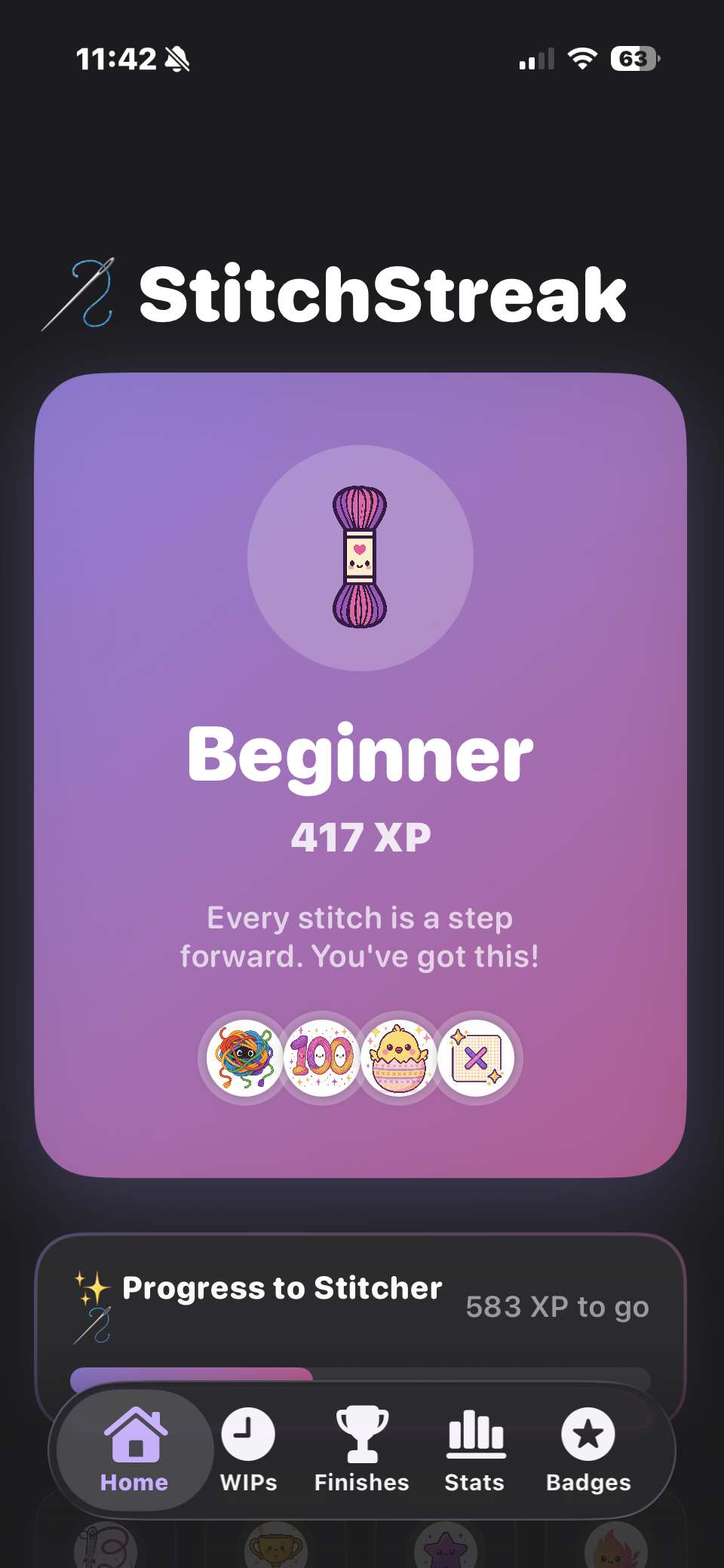 StitchStreak home screen showing XP level and badges